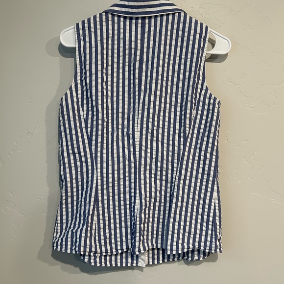 Lafayette 148 New York Blue and White Striped Textured Cotton Button Down Shirt - Picture 5 of 6